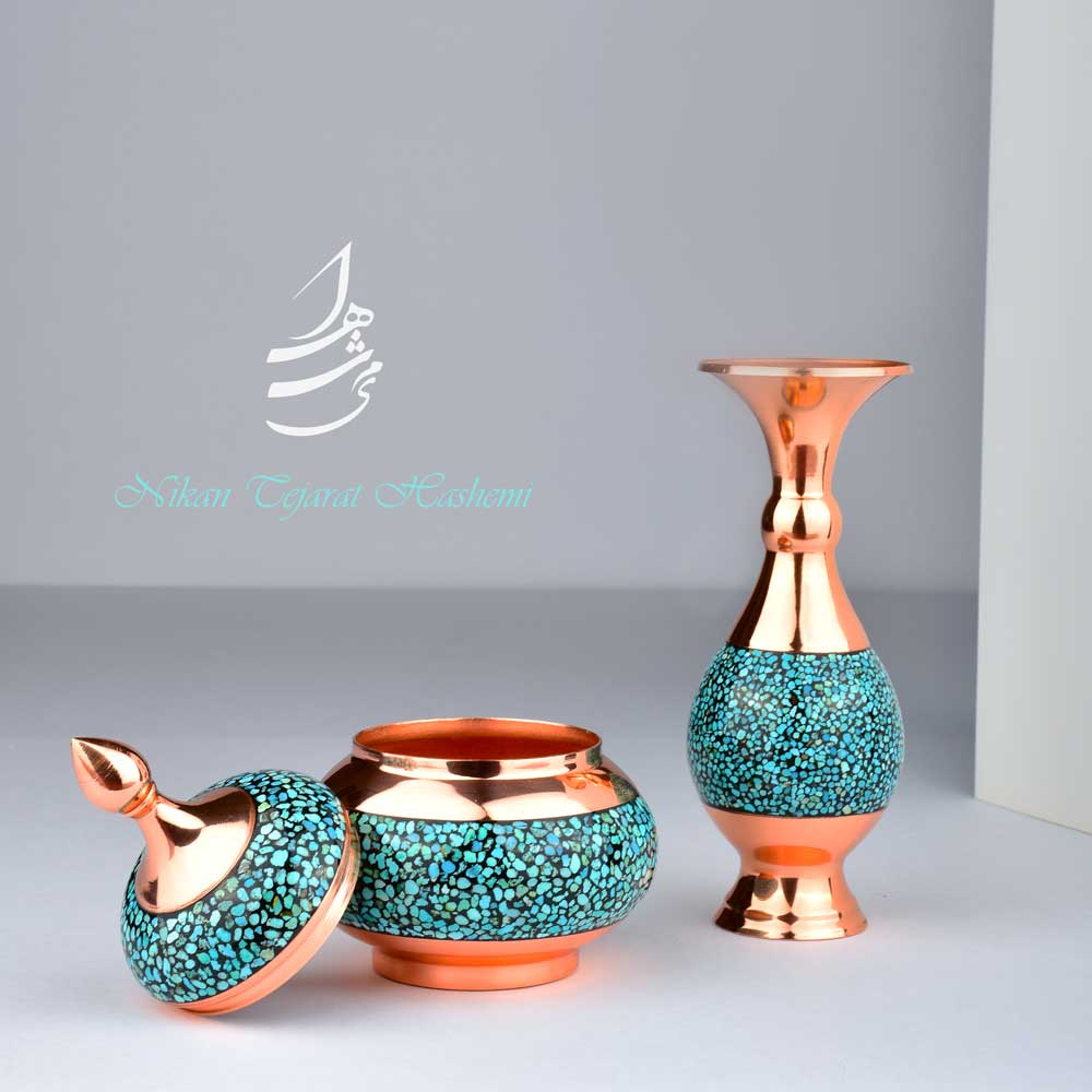 ست قندان و گلدان فیروزه کوبی 16 سانتی 
