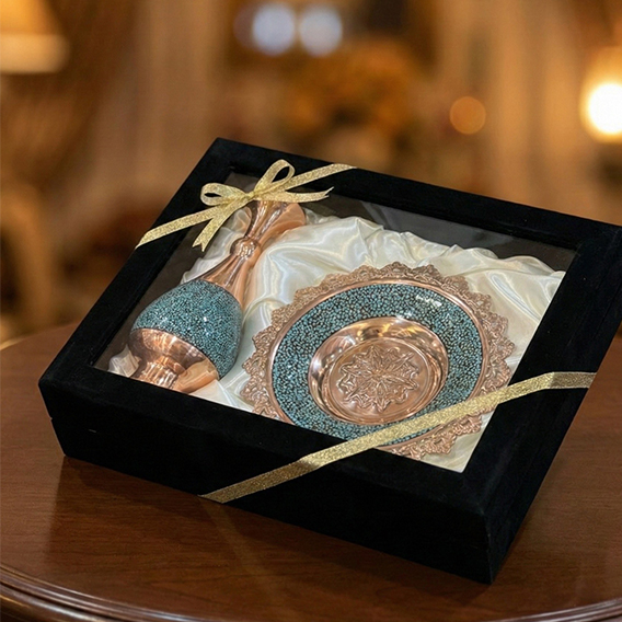 ست نفیس گلدان و بشقاب فیروزهکوبی